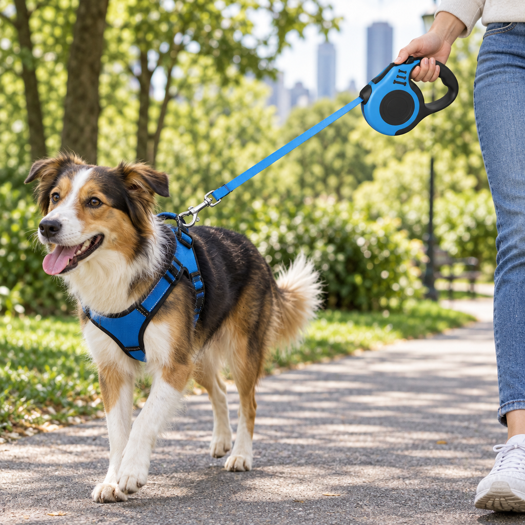 Person walking a dog in the park using a retractable dog leash