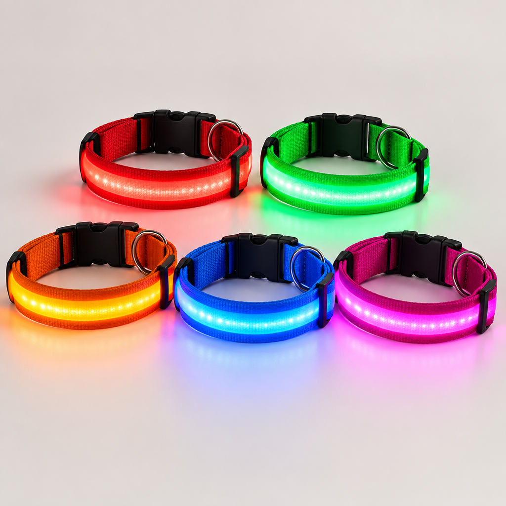 LED pet safety collars in red, green, orange, blue and hot pink
