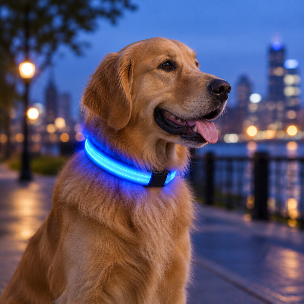 Dog wearing an illuminated blue LED safety collar at blue hour