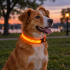 Dog wearing an illuminated orange LED safety collar at dusk
