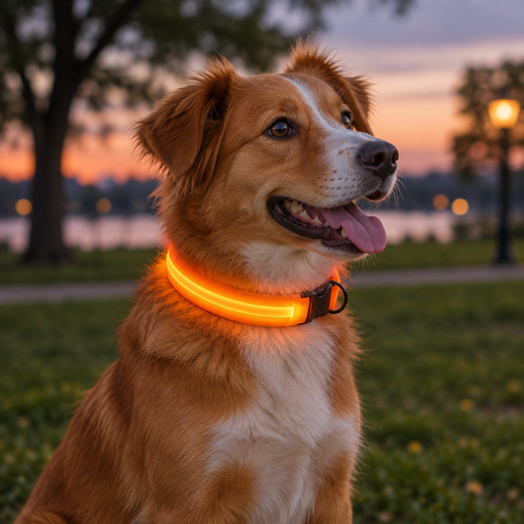 Dog wearing an illuminated orange LED safety collar at dusk